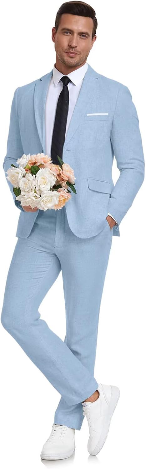 Men's Linen Suit 2 Piece Slim Fit for Summer Beach Weddings