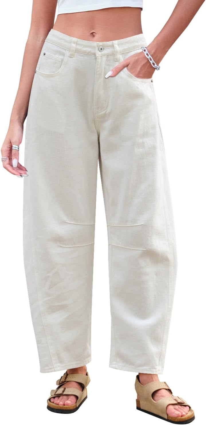Mid Rise Barrel Jeans for Women Wide Leg Cropped Denim Pants