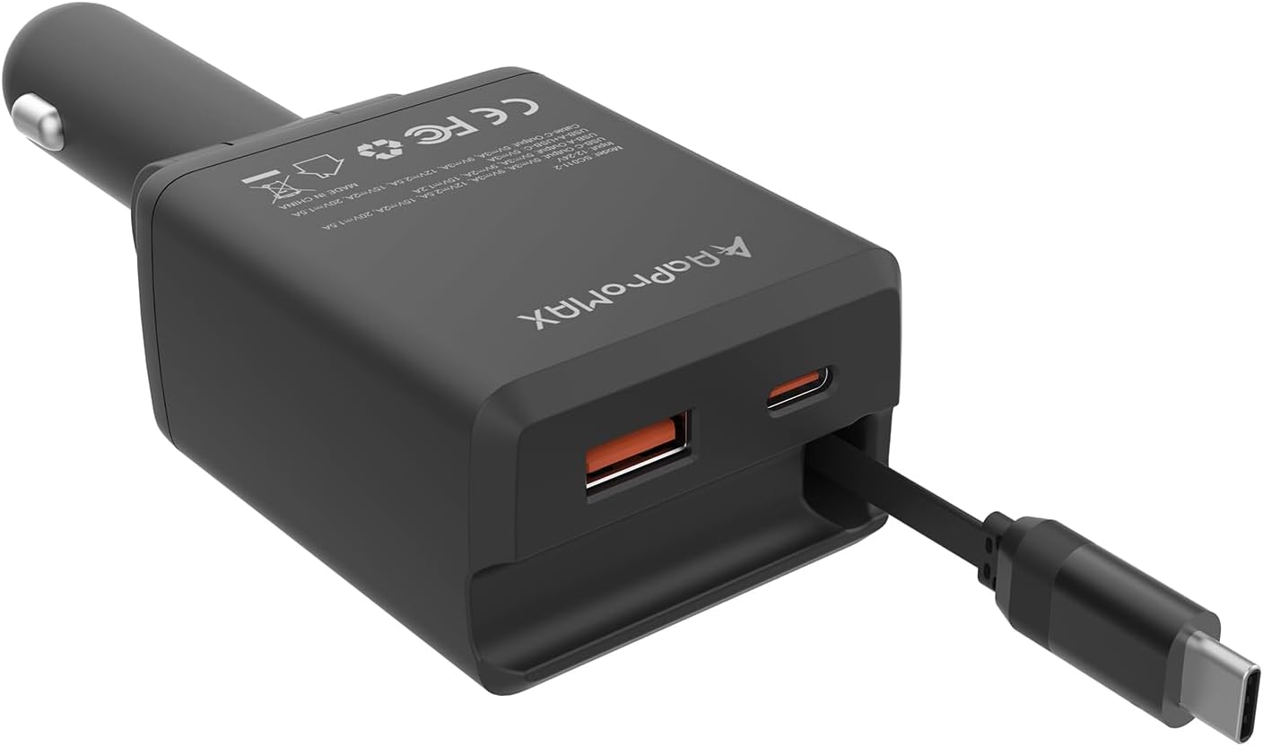 75W Fast Car Charger with 3-in-1 Retractable Cables