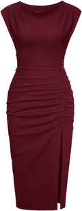 IHOT 2025 Women's Mock Neck Side Slit Ruched Bodycon Midi Dress see