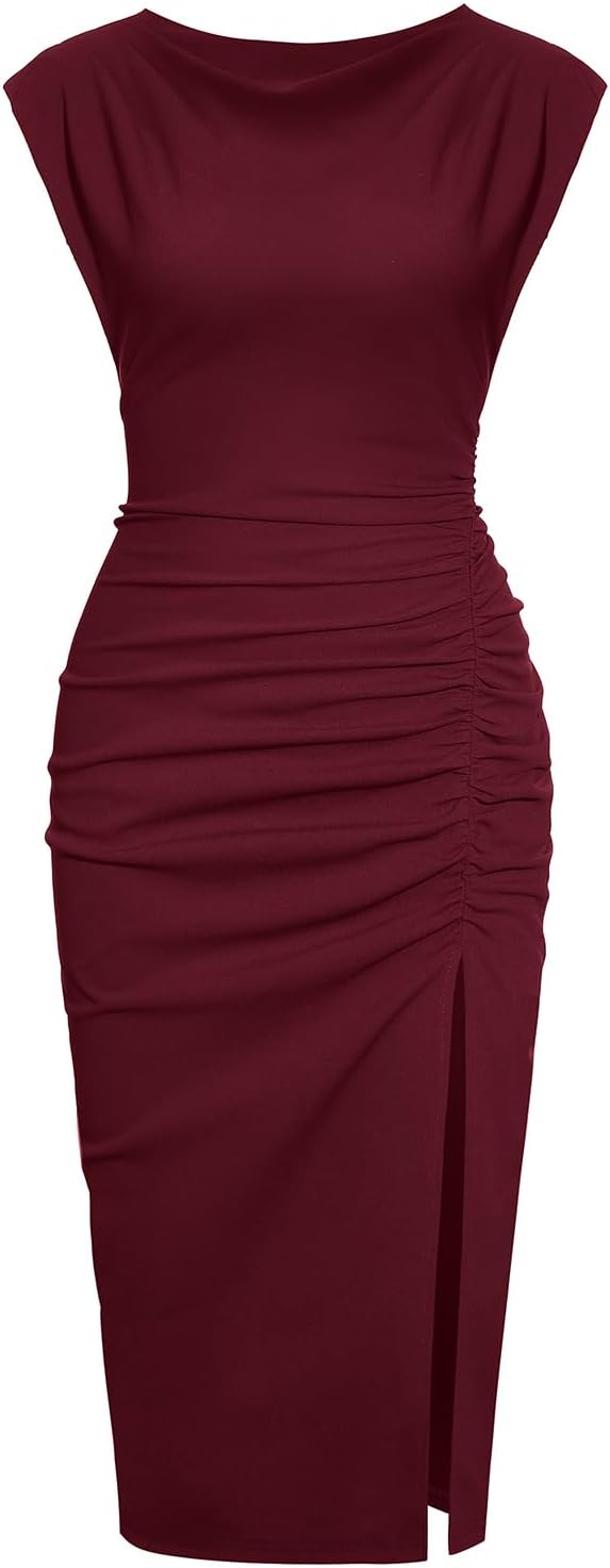 IHOT Women's Mock Neck Side Slit Ruched Bodycon Midi Dress