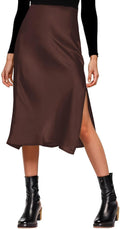 Womens Satin Silk High Waist Slit Midi Skirt - Elegant Everyday Staple