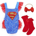 baby girl superhero Halloween costume romper with socks and bow