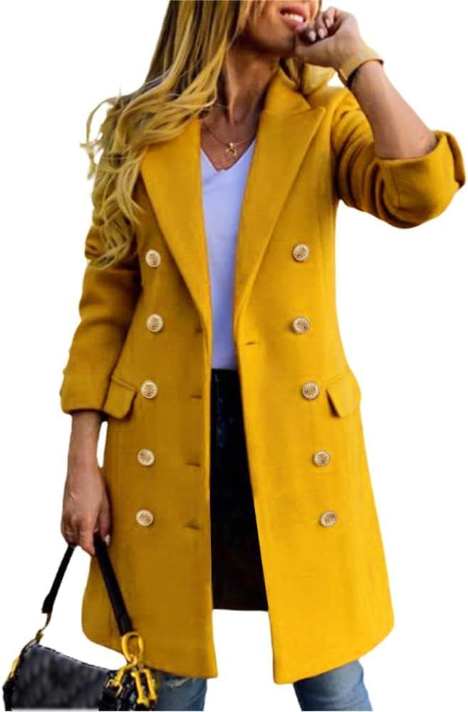 Womens Fall Winter Wool Coats Double Breasted Midi Peacoat