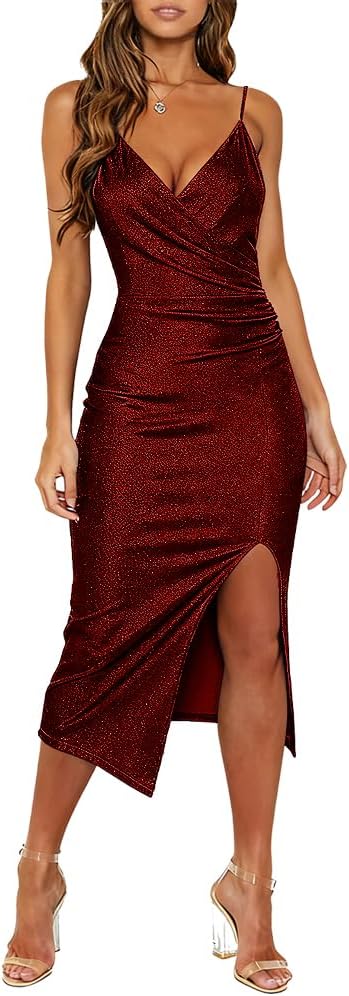 WAYMAKER Women's Sexy V Neck Spaghetti Strap Bodycon Dress