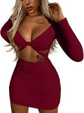 XXTAXN Women's Sexy Bodycon Deep V Neck Long Sleeve Dress