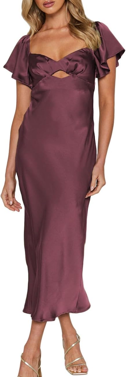 Summer Satin Flutter Sleeve Wedding Guest Dresses for Women