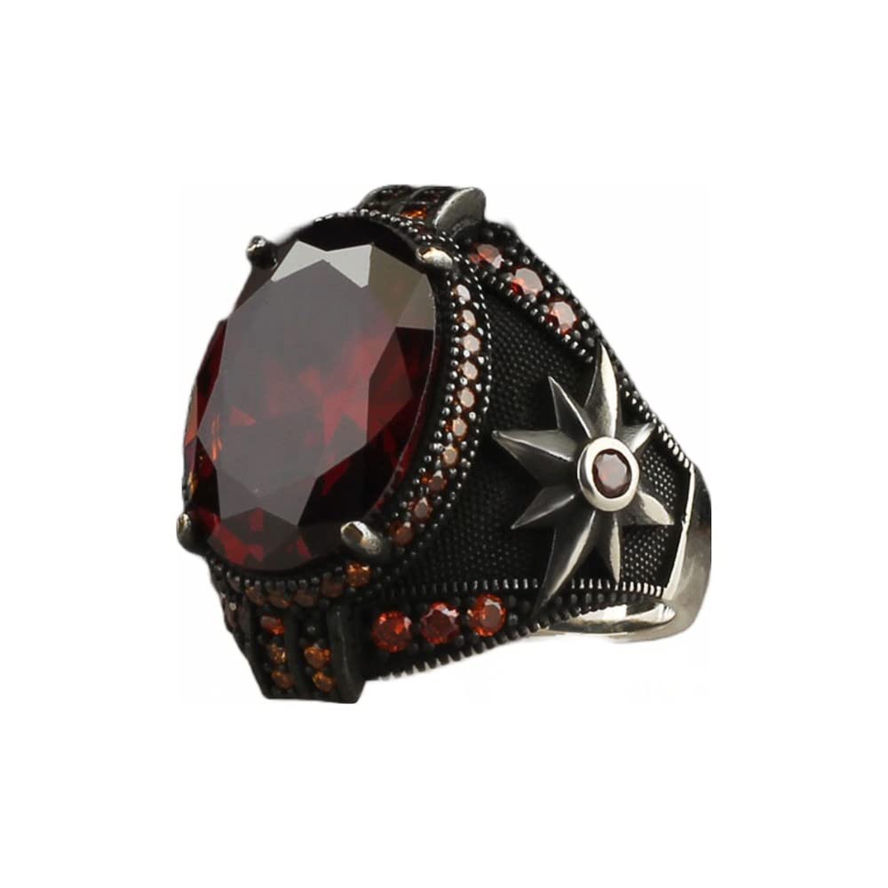 925 Sterling Silver Garnet Stone Compass Detailed Men's Ring