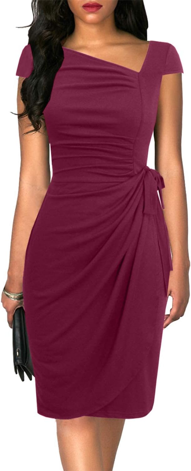 Women's Vintage Cap Sleeves Asymmetrical Neckline Bodycon Dress