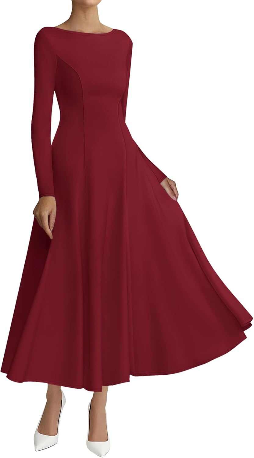Trendy Boat Neck Long Sleeve A Line Maxi Dress for Women