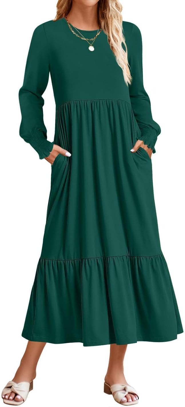 ZESICA Women's Fall Long Sleeve Casual Midi Dress with Pockets