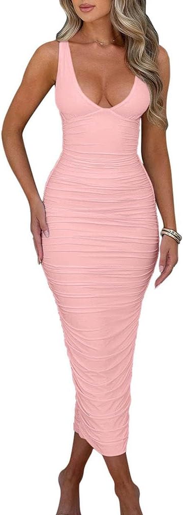 BEAGIMEG Women's Sexy Ruched Sleeveless Deep V Maxi Dress