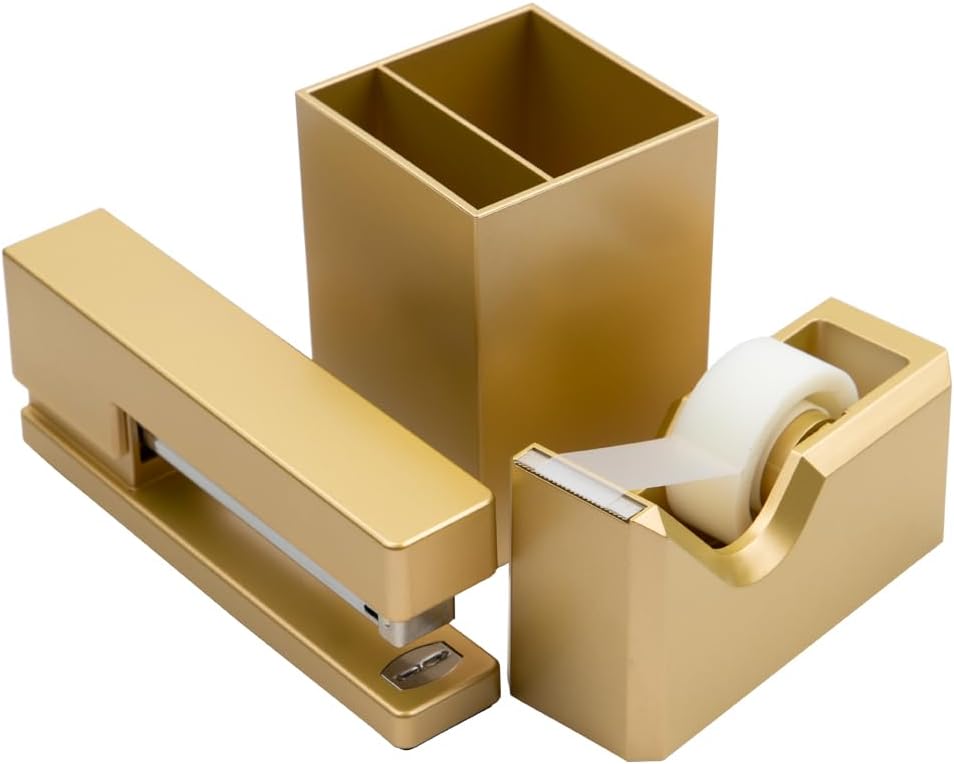 JAM PAPER Desk Trio Pack - Gold Stapler, Tape Dispenser & Holder