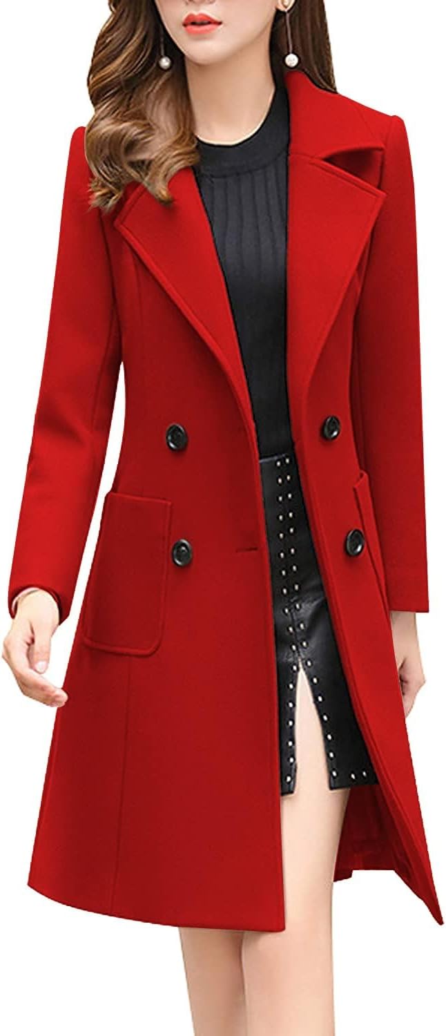 Elegant Notched Collar Double Breasted Wool Blend Over Coat