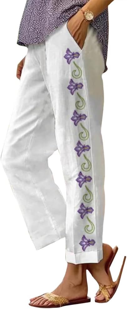Hight Waist Boho Floral Linen Pants with Pockets