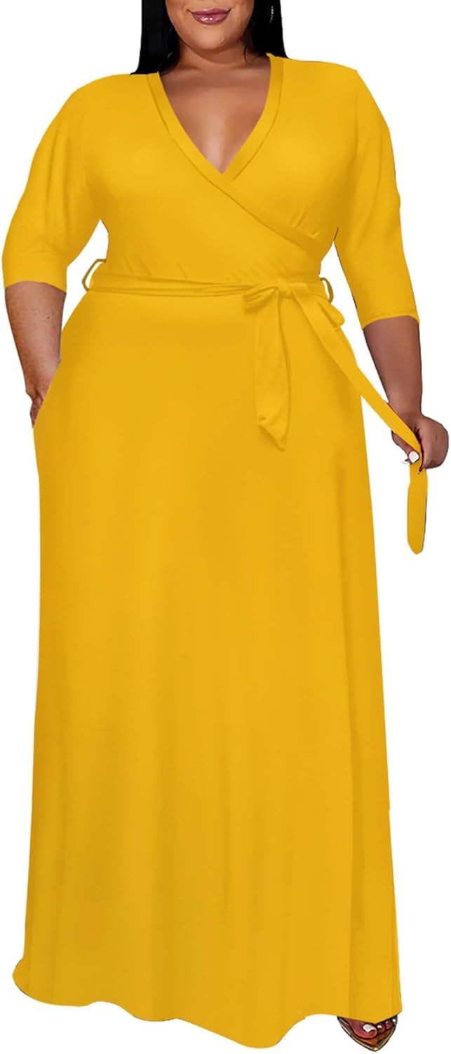 Runwind Plus Size Dress for Women - Elegant V Neck Maxi Style