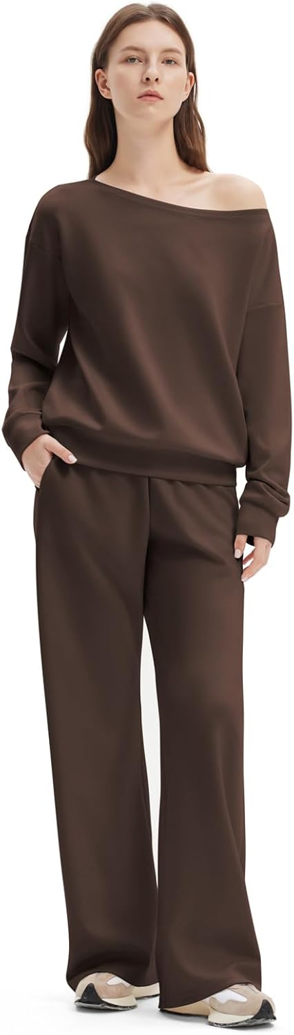 SUUKSESS Women 2 Piece Lounge Set Off Shoulder Sweatshirt