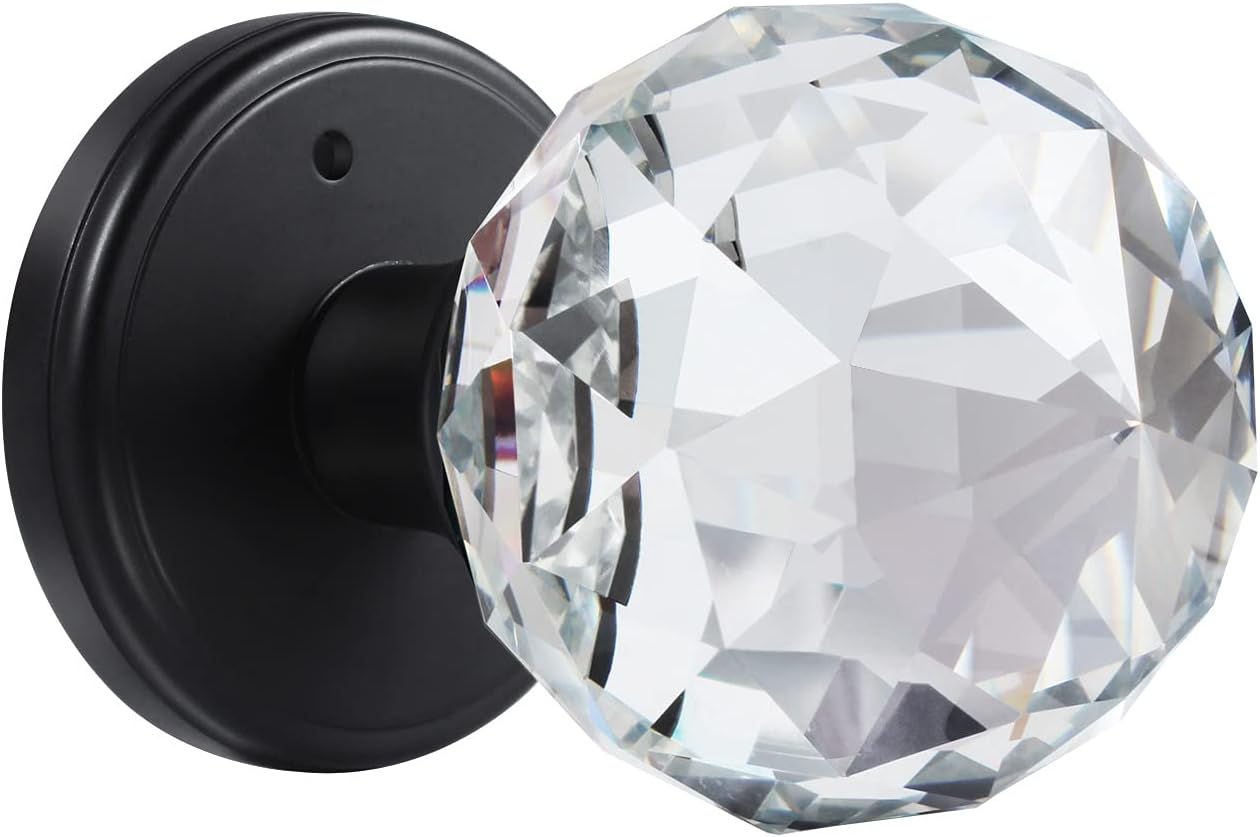 Crystal Glass Door Knobs with Lock for Privacy in Matte Black