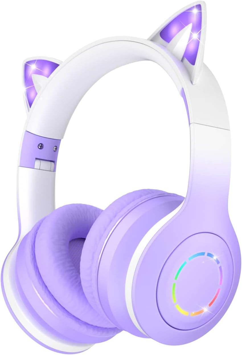 VuyKoo Purple Cat Ear Bluetooth Headphones with RGB Lights - Stereo Gaming Fun!