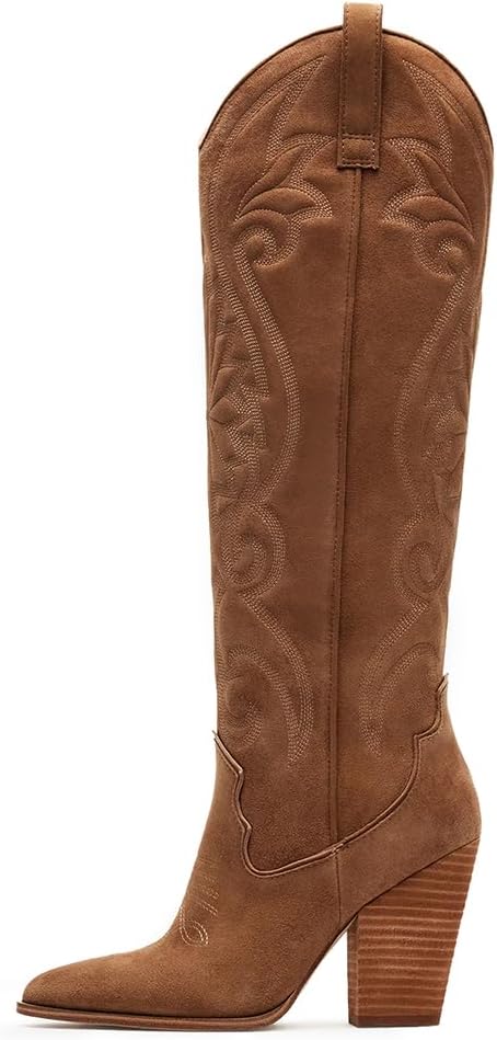 VOMIRA Knee High Cowboy Boots for Women with Chunky Heels