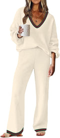 Womens 2 Piece Sweater Lounge Set V Neck Knit Pajama Set - Cozy Fit