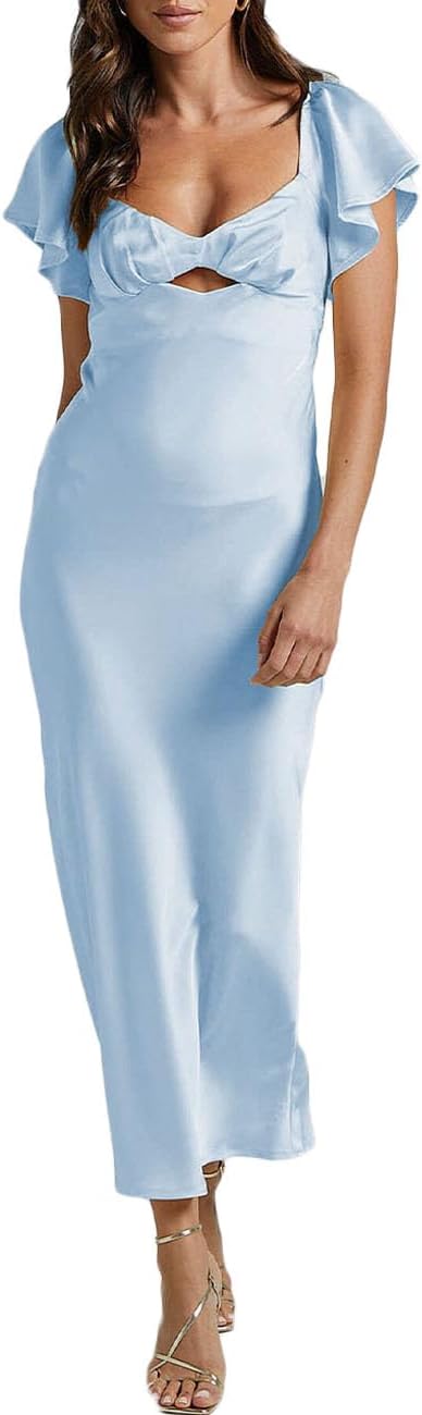 Summer Satin Flutter Sleeve Wedding Guest Dress for Women