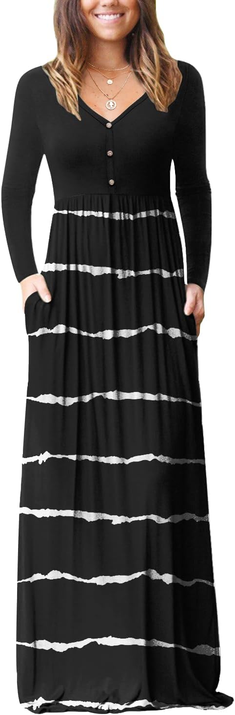 GRECERELLE Womens Long Sleeve V Neck Casual Maxi Dress with Pockets