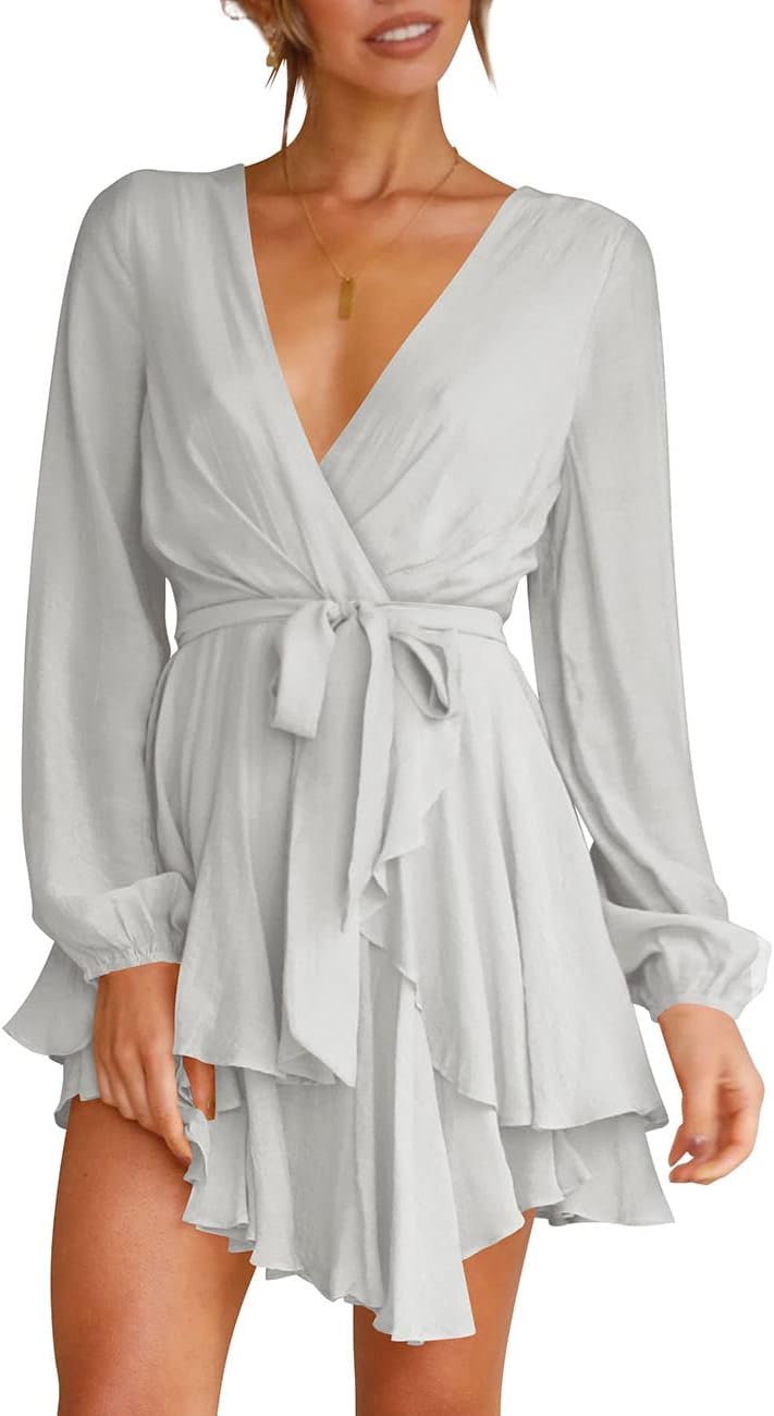Cosonsen Women's Deep V-Neck Long Sleeve Mini Swing Dress