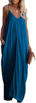 Poetsky Womens Strappy V Neck Maxi Beach Dress - Flowy Pockets