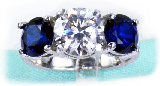 Three Stone 2Carat Moissanite Engagement Ring with Blue Sapphire