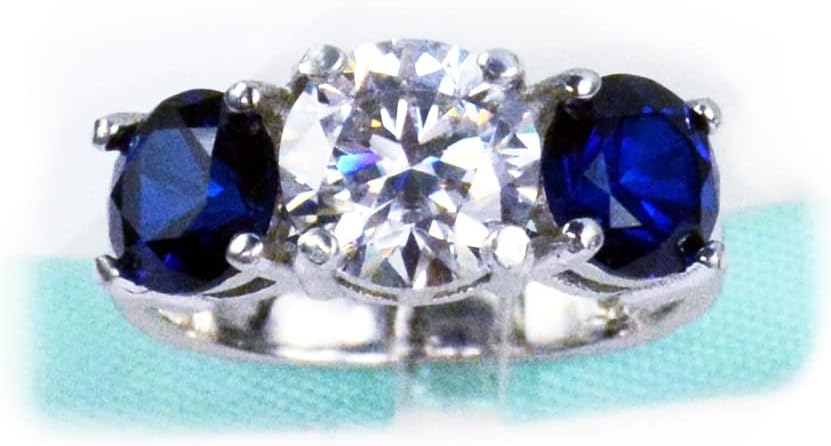 Three Stone 2Carat Moissanite Engagement Ring with Blue Sapphire