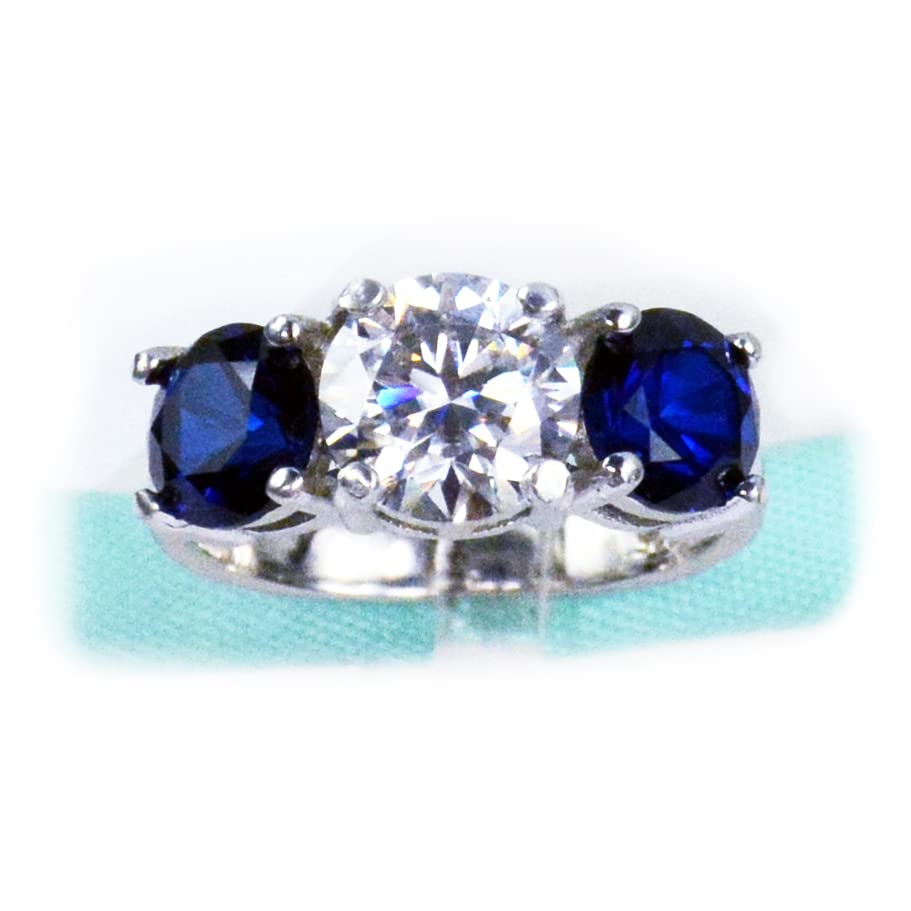 Three Stone 2Carat Moissanite Engagement Ring with Blue Sapphire