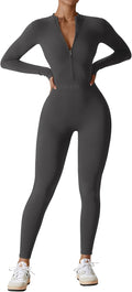 Women Long Sleeve Workout Jumpsuit Zip Up Romper - Bodycon Support 13%