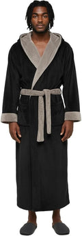 Mens Full Length Plush Fleece Hooded Robe 2XL - Black/Tan