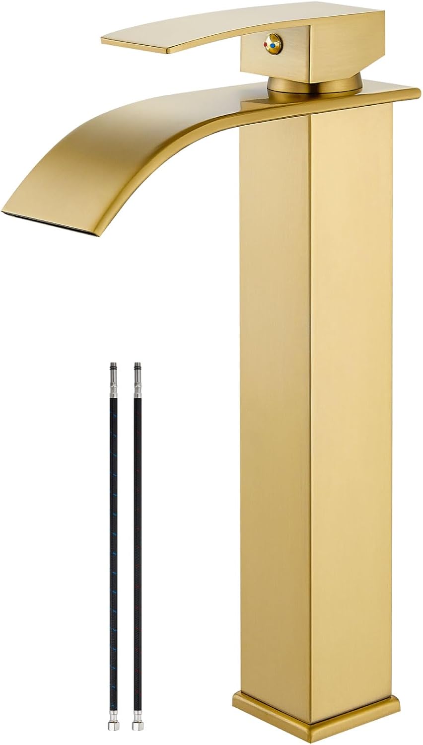 Airuida Brushed Gold Tall Waterfall Bathroom Vessel Sink Faucet