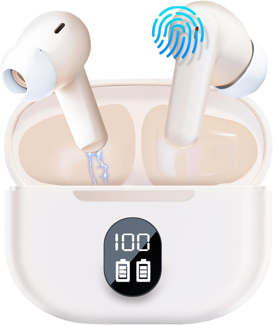 SIMDOG Wireless Earbuds: 24H Playback, Deep Bass, IPX7, Beige