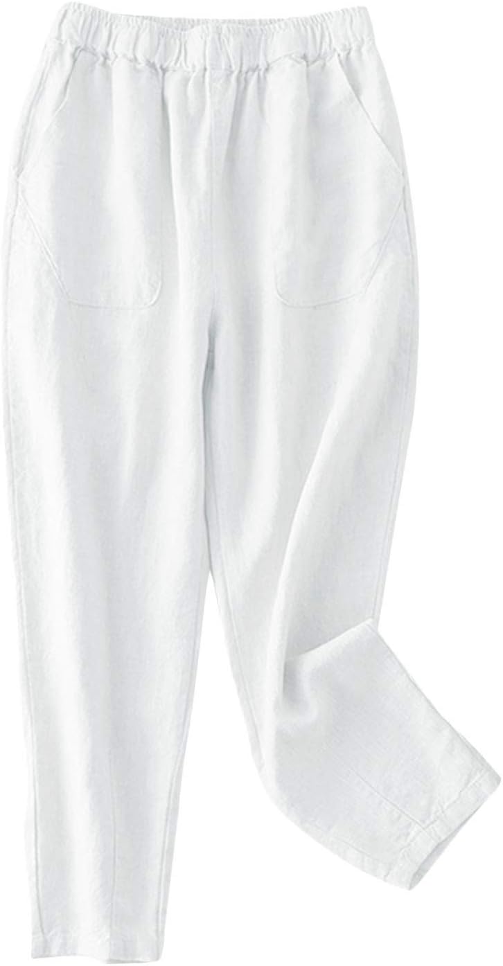 IXIMO Women's 100% Linen Capris with Elastic Waist and Pockets