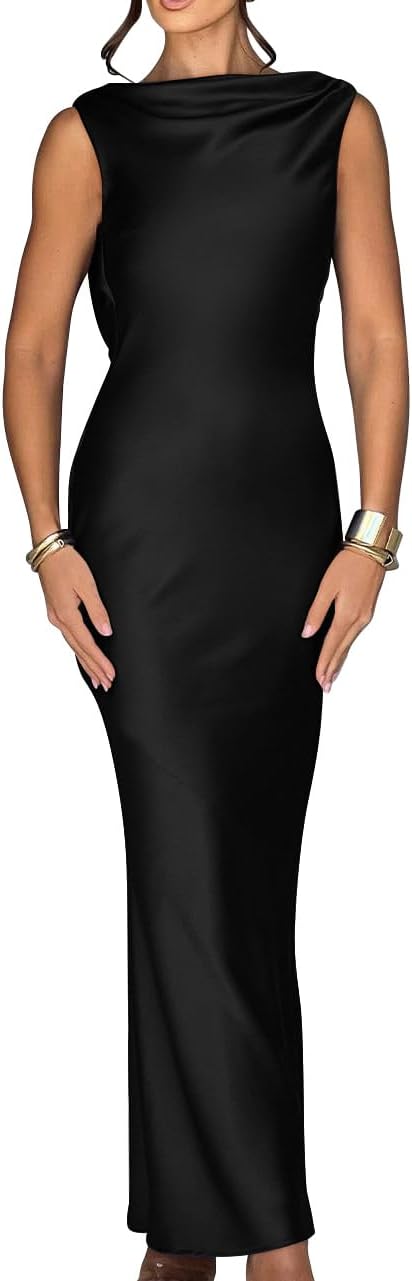 Elegant Sleeveless High Neck Tie Maxi Dress for Women Events