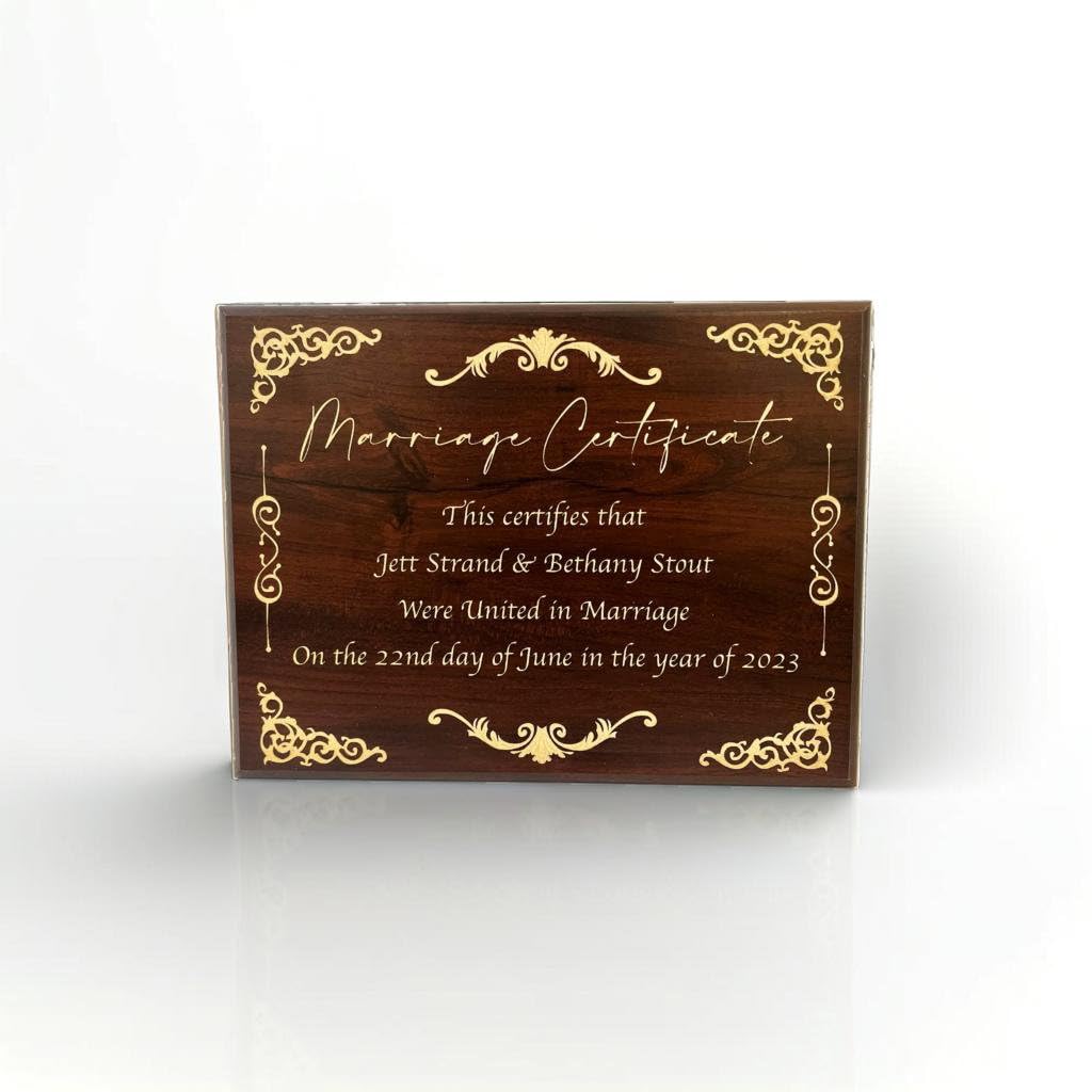 Handcrafted Marriage Certificate Plaque for Elegant Display