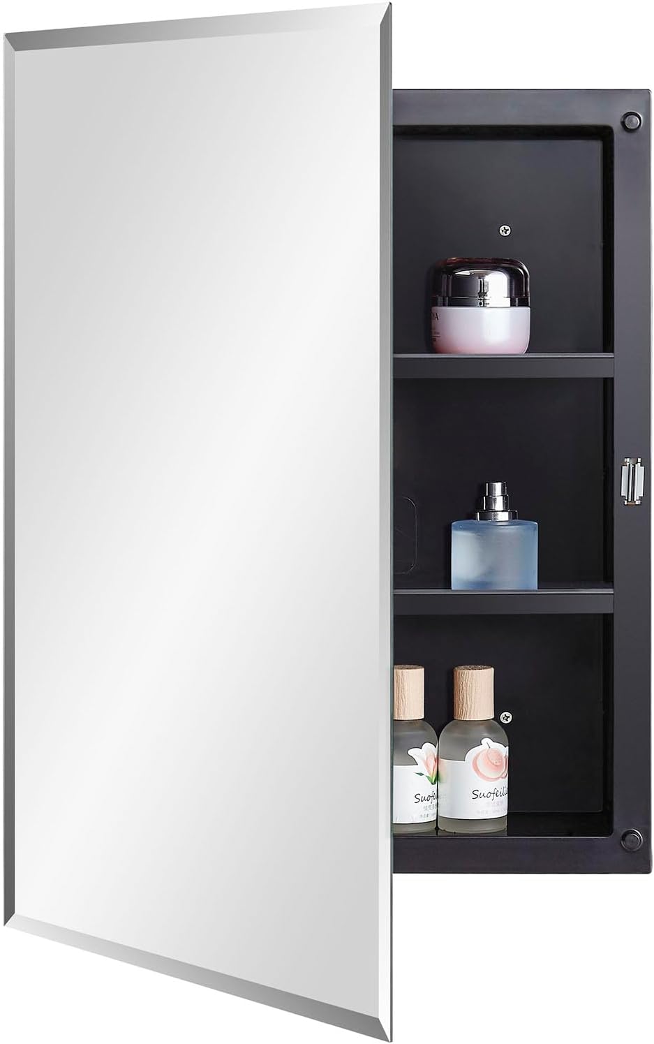Black Plastic Bathroom Medicine Cabinet with Beveled Edge Mirror