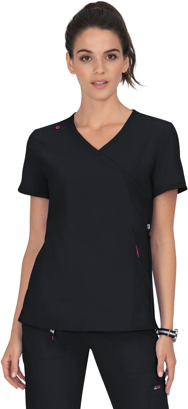 KOI Lite Women's Mock Wrap Side Zipper Scrub Top for Comfort