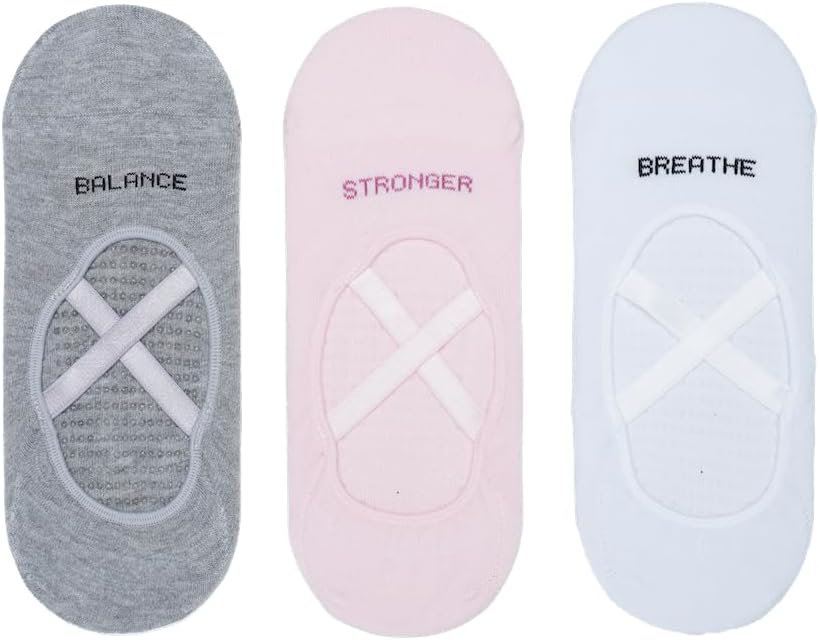 Non-Slip Yoga Socks Trio, 3 Pack Set in Pink, Grey, White
