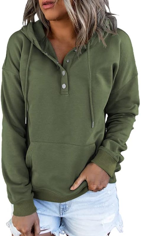 Dokotoo Womens Hoodies Button Collar Drawstring Pullover Tops