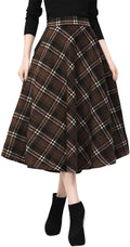Womens Plaid Wool Mid-Calf Skirt - Elastic Waist A-Line Midi