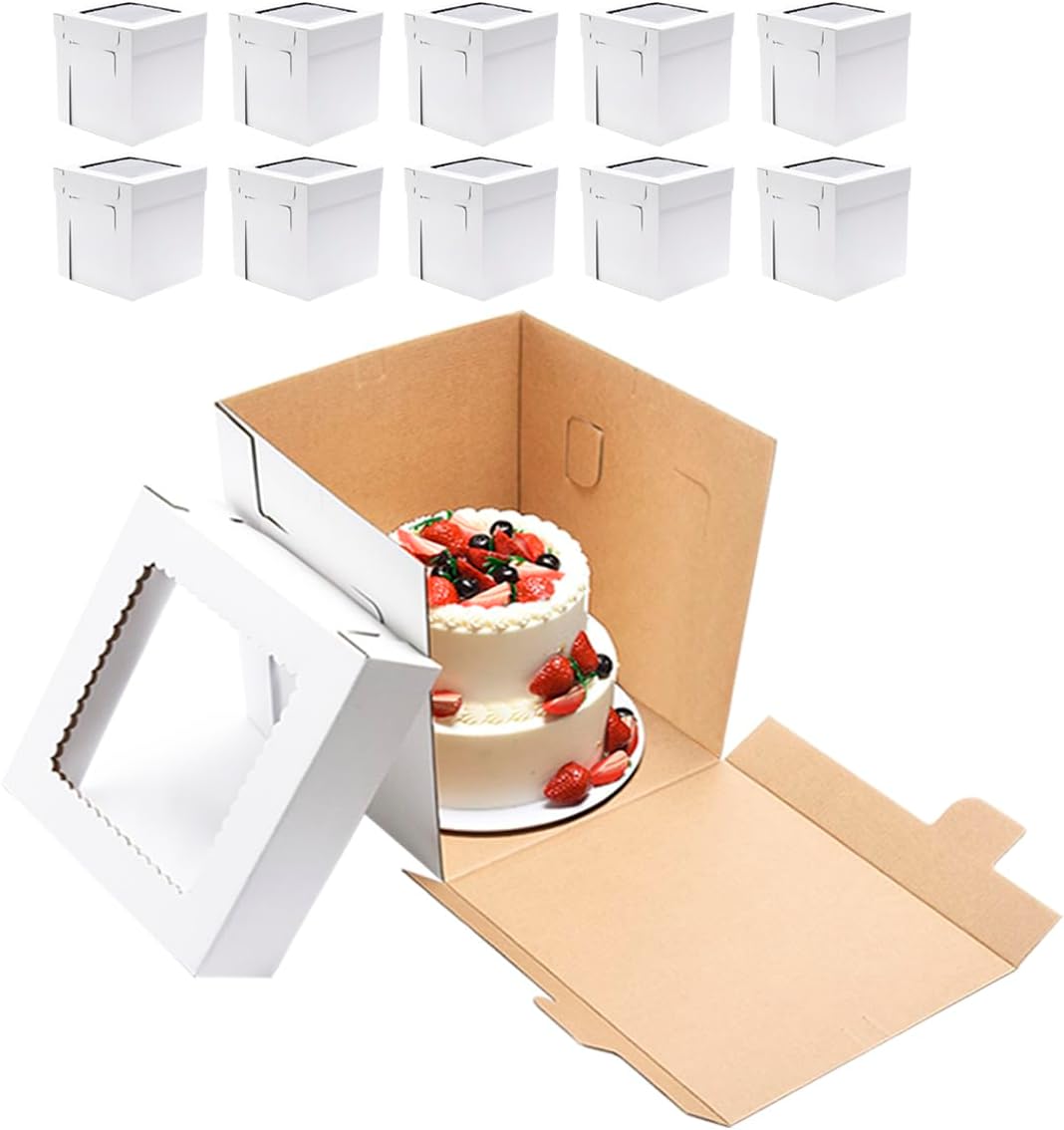 JJO Tall Cake Boxes for Tier Cakes - Sturdy 10 Pack 12x12x12 in