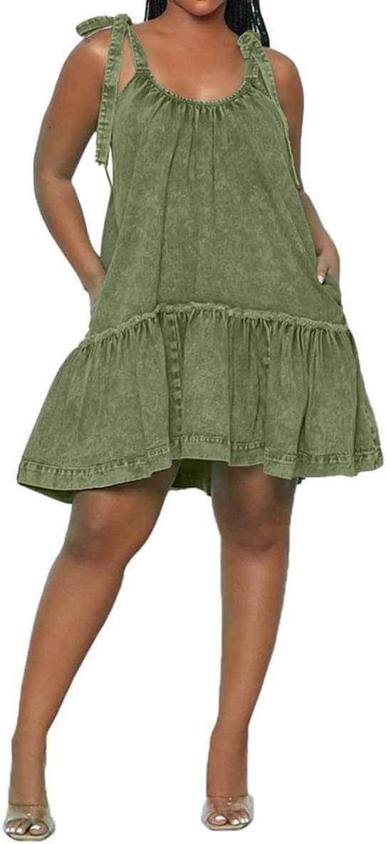 Women Denim Cami Dress with Tie Shoulder and Ruffle Hem