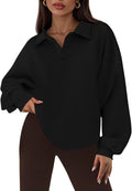 PRETTYGARDEN Oversized V Neck Polo Sweatshirt - Cozy Everyday Wear