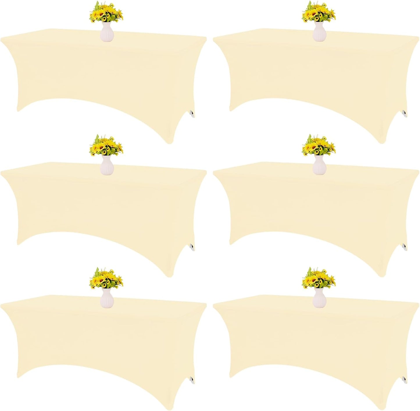 6 Pack Beige Spandex Tablecloths for Rectangle Tables - 8ft