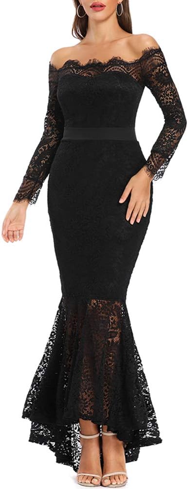 LALAGEN Women's Floral Lace Long Sleeve Off Shoulder Dress