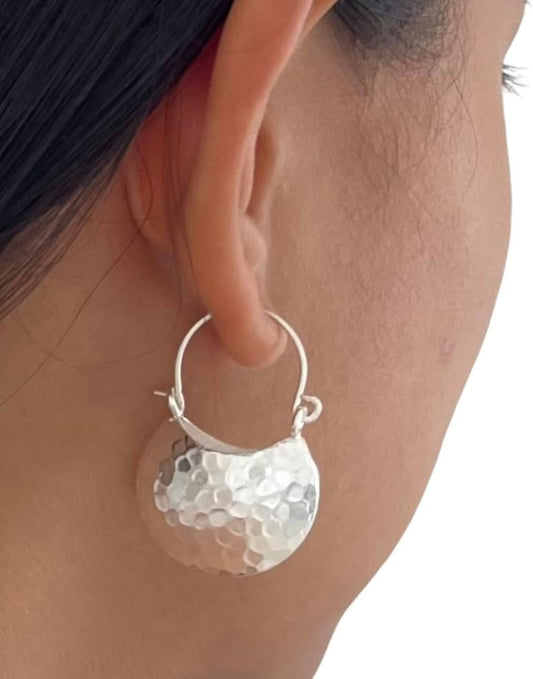 Handmade Hammered Sterling Silver Crescent Moon Hoop Earrings